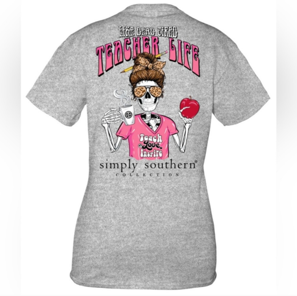 🆕Simply Southern Heather Gray Graphic Skeleton Teacher Life T-shirt Size Large